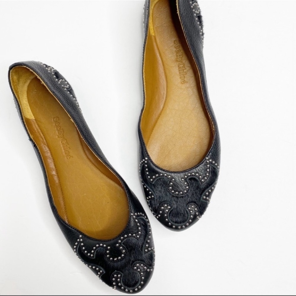 SEE BY CHLOE Studded Fur Round Toe Flats Shoes Black 6.5